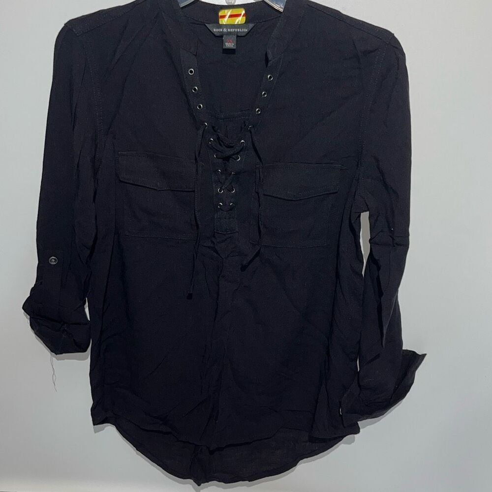 Rock & Republic Women's Black Lace Up Roll Up Long Sleeve Blouse Size XS